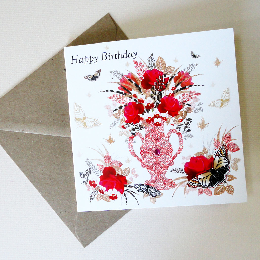 Red Vase with roses and Butterflies Anniversary Card - With Envelope