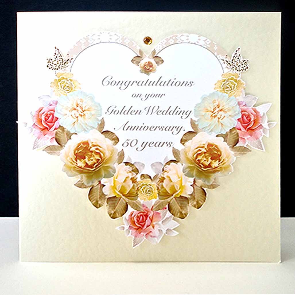 Antique Floral Heart Handmade Golden Wedding Anniversary Card 