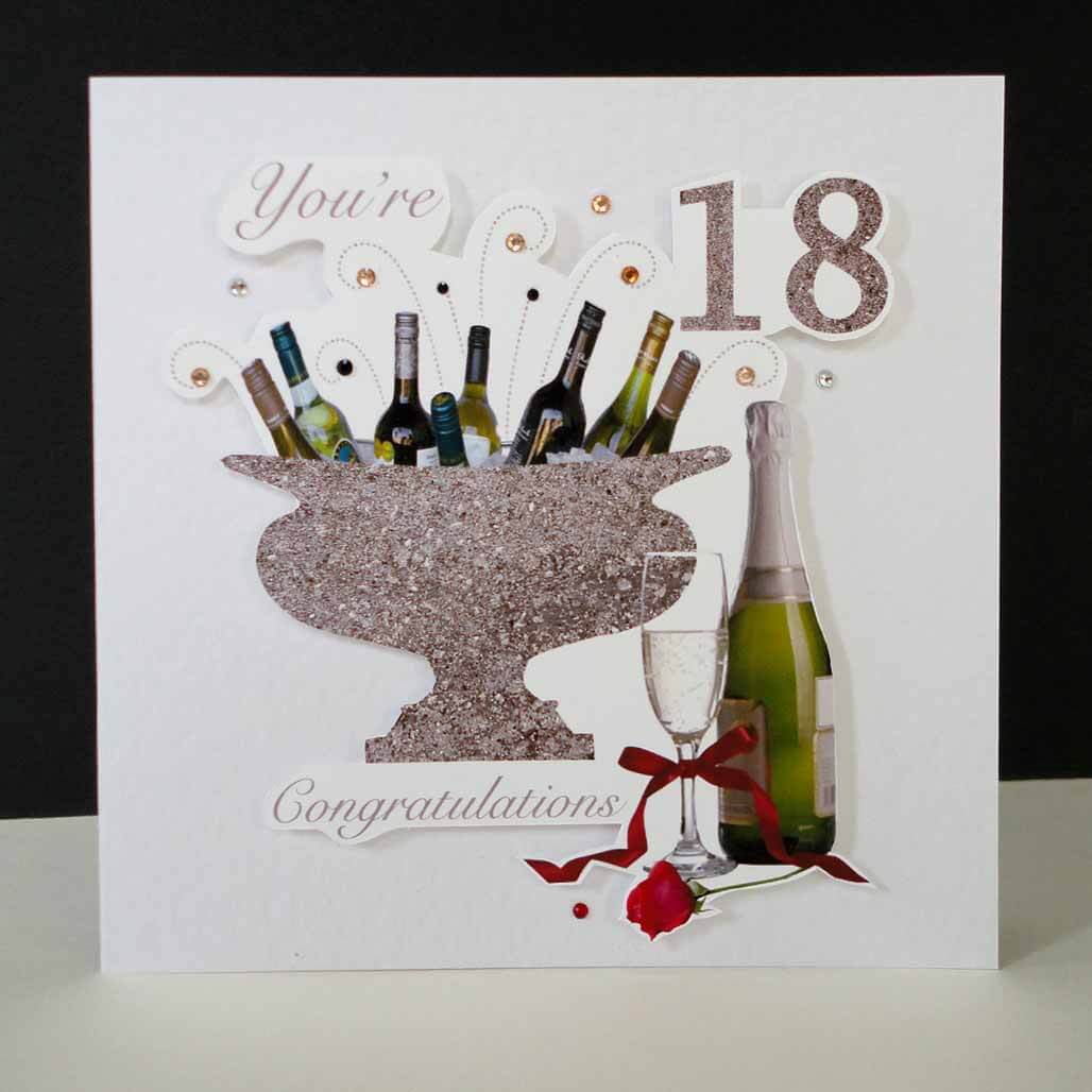 Celebration Bottles & Red Rose 18th Birthday Card. Decorque Cards