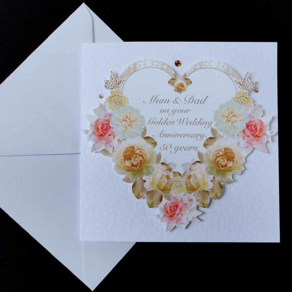 Antique Rose Heart- Handmade Golden Wedding Anniversary Card- Mum & Dad.