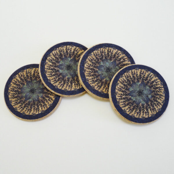 Four Feather and Blue Flower Round Cork Coasters