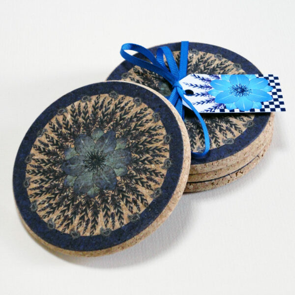 Four Feather and Blue Flower Round Cork Coasters