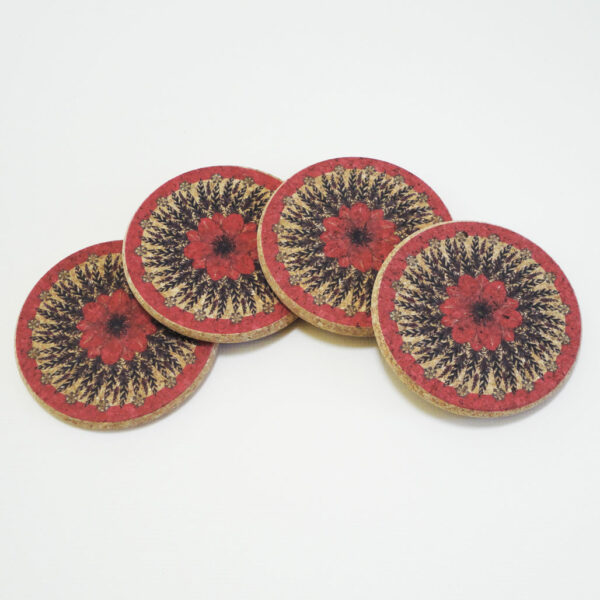 Four Pink Flower and Feather Cork Round Coasters