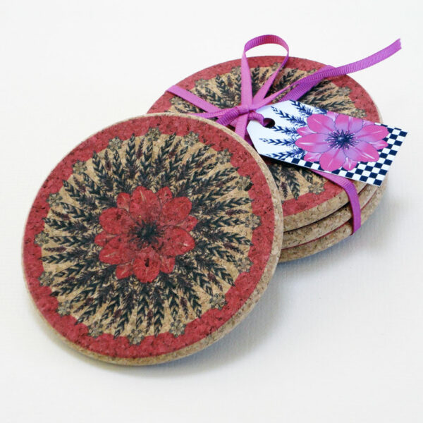 Four Pink Flower and Feather Cork Round Coasters