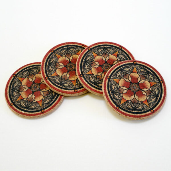 Four Red Flower & Butterfly Round Cork Coasters