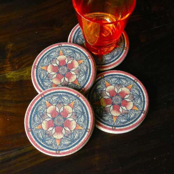 Four Red Flower & Butterfly Round Cork Coasters