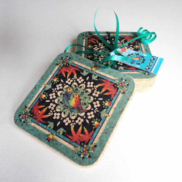 Four Festive Turquoise Partridge Square Coasters