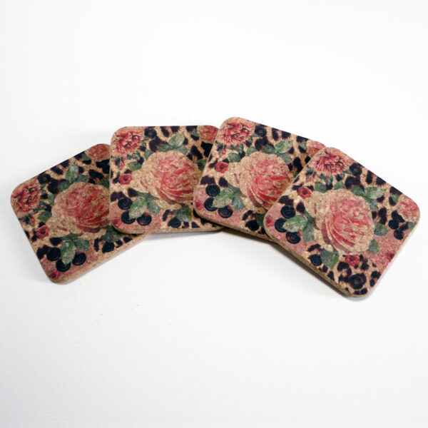 Four Pink Rose and Skin Square Cork Coasters