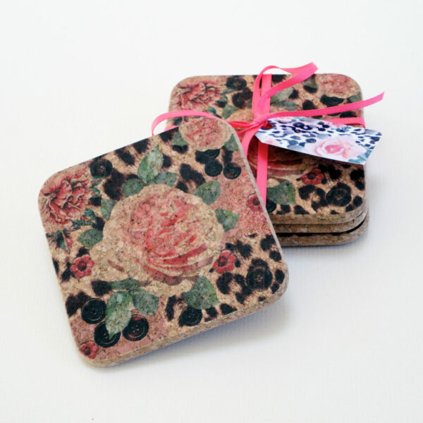 Four Pink Rose and Skin Square Cork Coasters