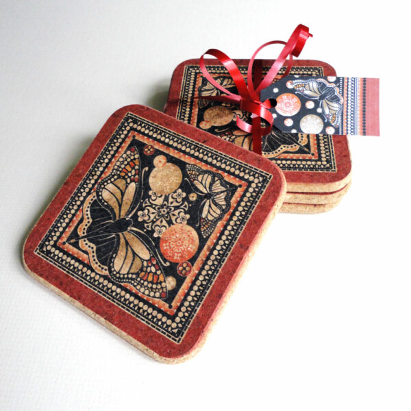 Four Red & Black Patterned Butterfly Cork Coasters