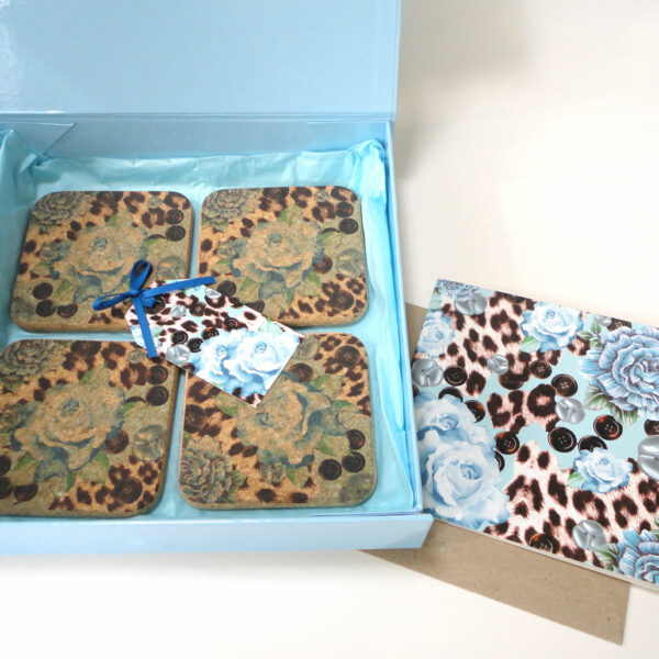 Blue Rose Cork Coaster Gift Set