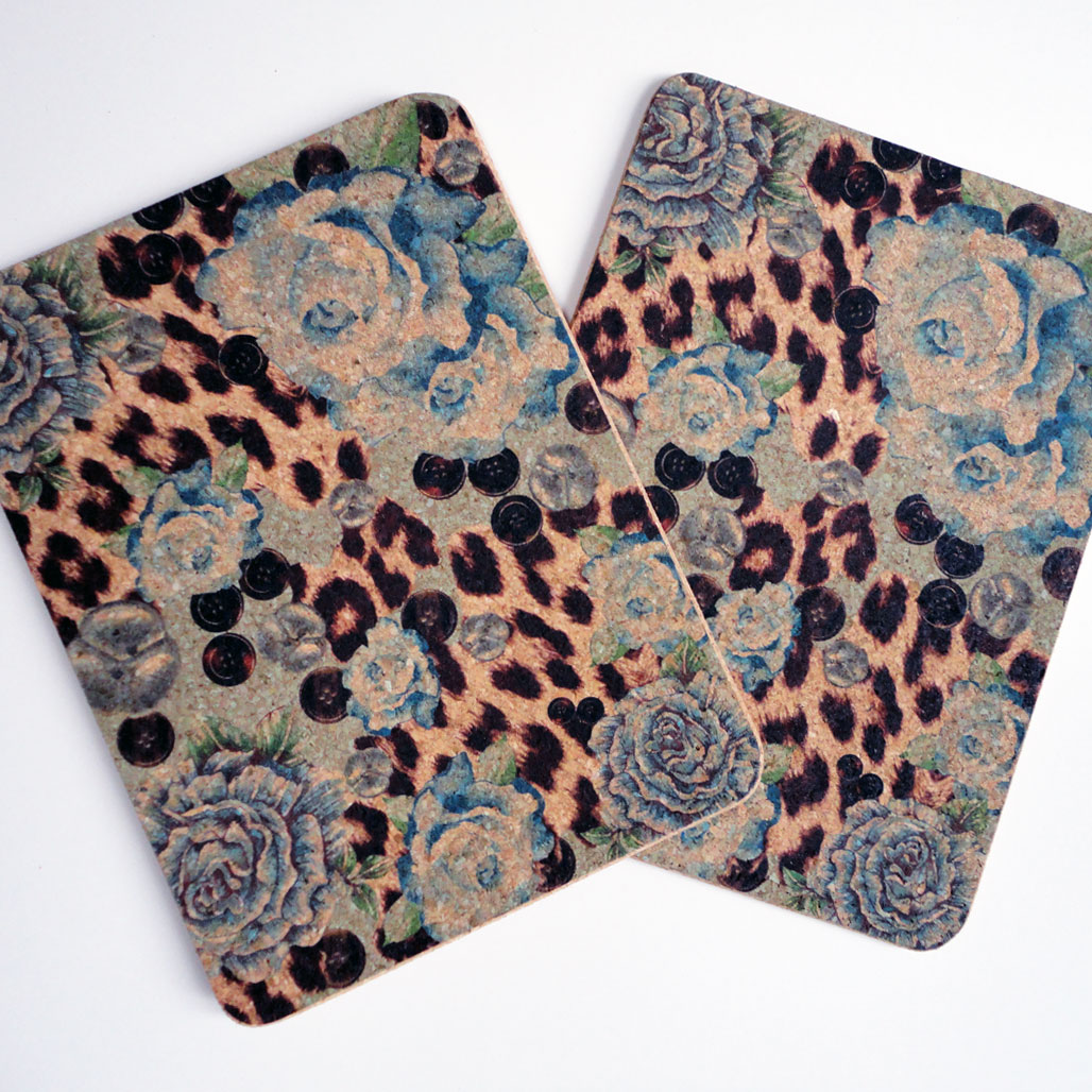 Two Blue Rose & Skin Print Cork Placemats Decorque Cards