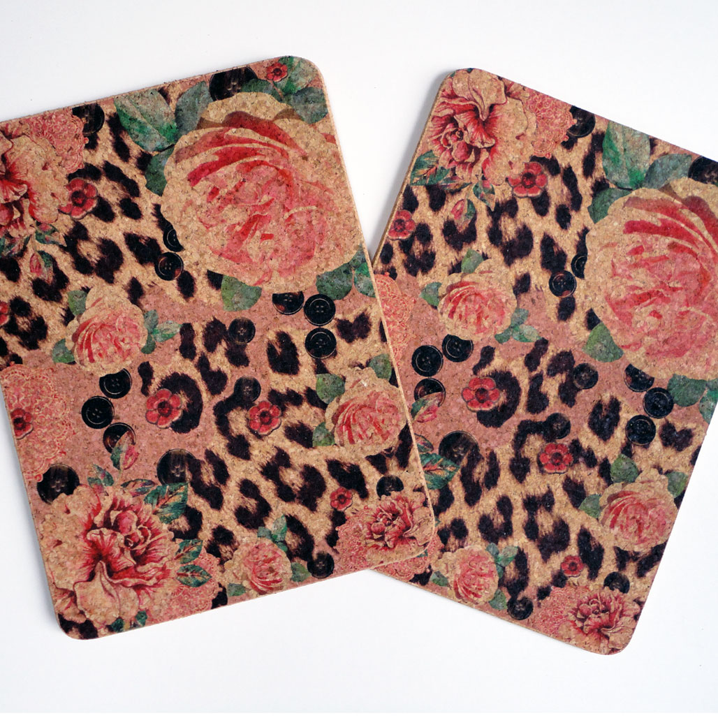 Two Pink Rose & Skin Rectangular Cork Placemats Decorque Cards