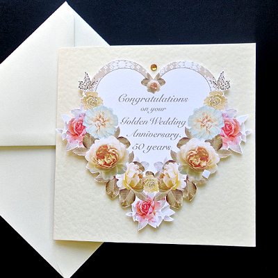 Antique Floral Heart - Handmade Golden Wedding Anniversary Card