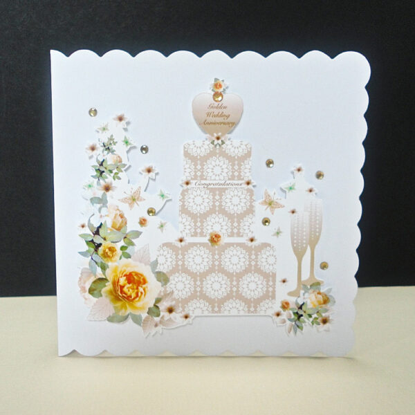 Golden Wedding Anniversary Cake and Champagne Handmade Card