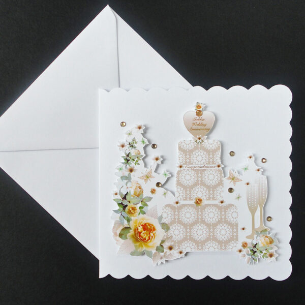 Golden Wedding Anniversary Cake and Champagne Handmade Card