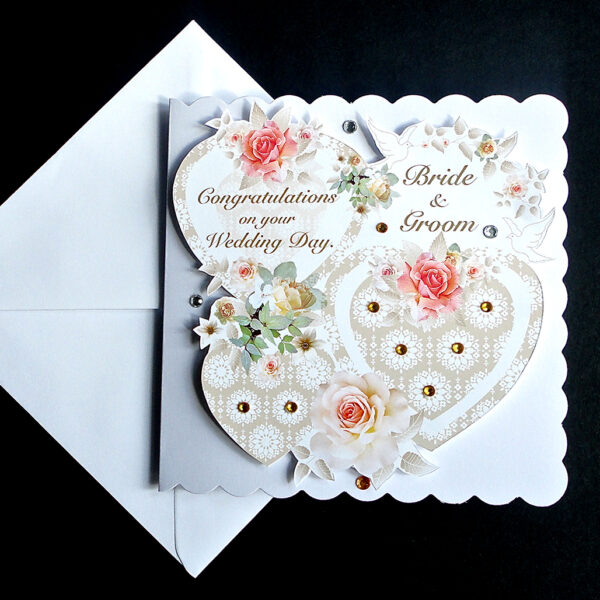 Coral Rose Three Heart Wedding Day Card