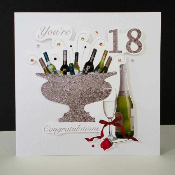 Celebration Bottles & Red Rose 18th Birthday Card.