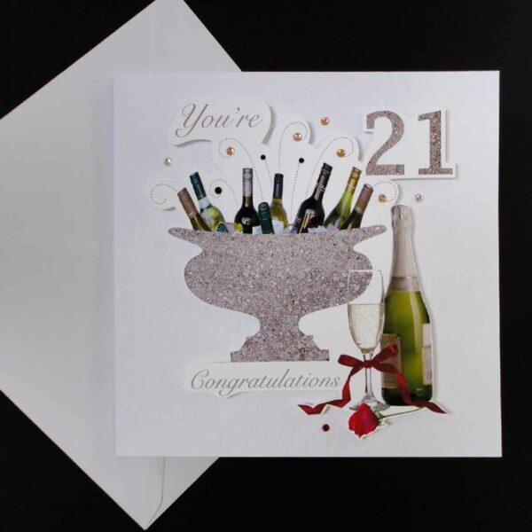 Celebration Bottles & Red Rose 21st Birthday Card.