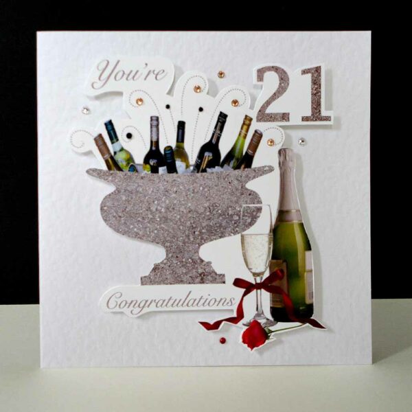 Celebration Bottles & Red Rose 21st Birthday Card.