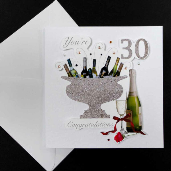 Celebration Bottles & Red Rose 30th Birthday Card.