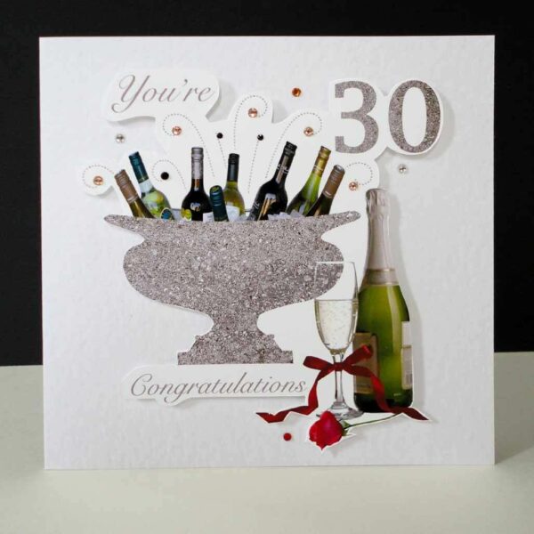 Celebration Bottles & Red Rose 30th Birthday Card.