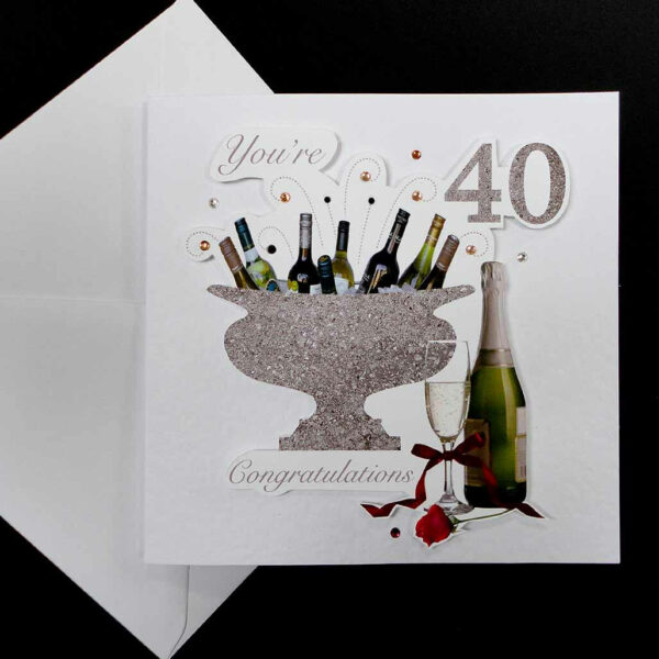 Celebrations Bottles & Red Rose 40th Birthday Card.