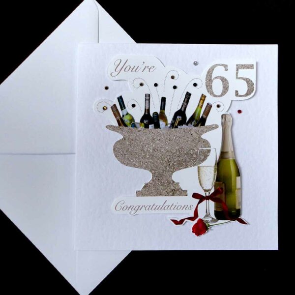 Celebration Bottles & Red Rose 65th Birthday Card