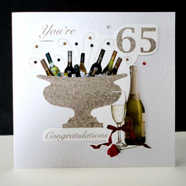 Celebration Bottles & Red Rose 65th Birthday Card