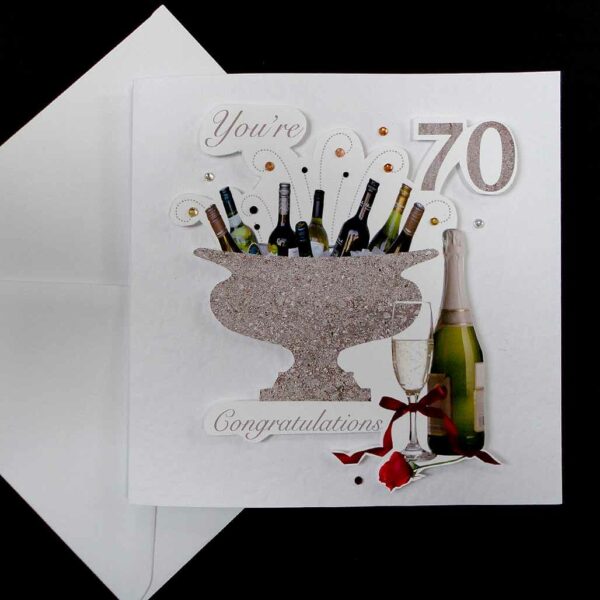 Celebration Bottles & Red Rose 70th Birthday Card