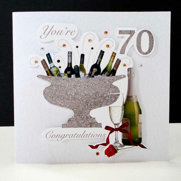 Celebration Bottles & Red Rose 70th Birthday Card