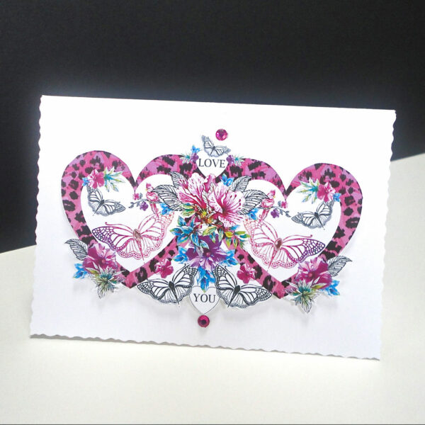 Valentine Pink Heart and Butterfly Handmade Card