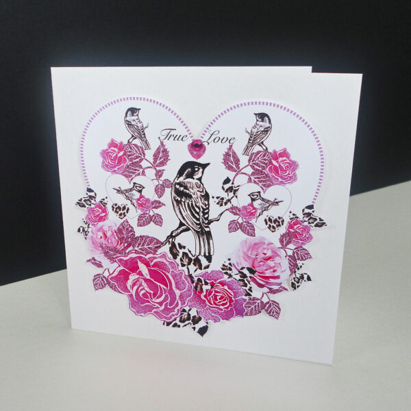 Valentine Pink Rose & Bird Handmade Card