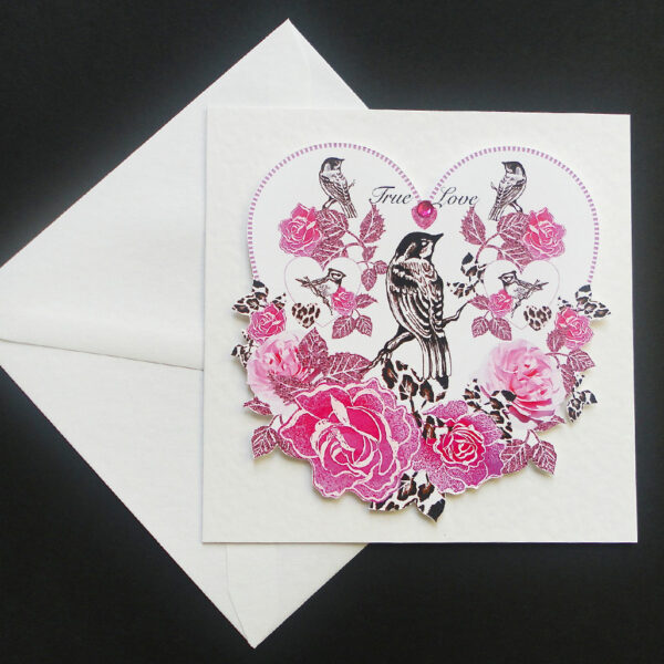 Valentine Pink Rose & Bird Handmade Card