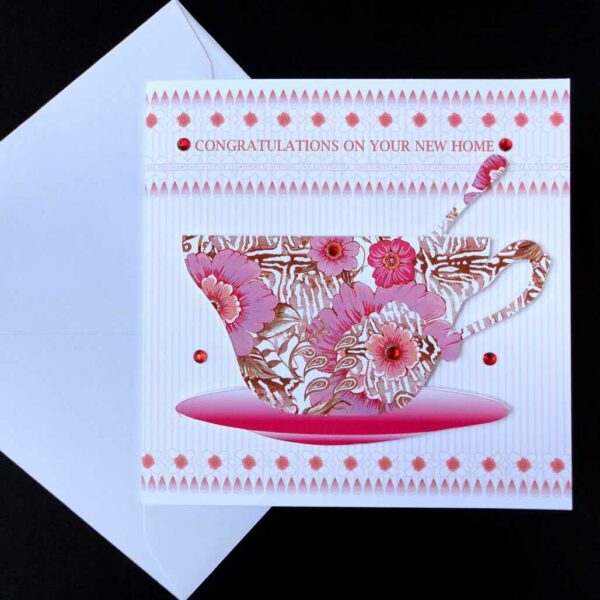 New Home Red Teacup Handmade Card.