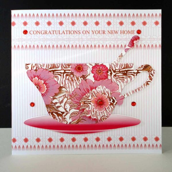 New Home Red Teacup Handmade Card.