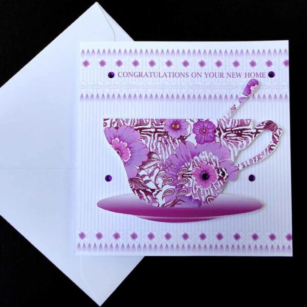 New Home Violet Teacup Handmade Card.