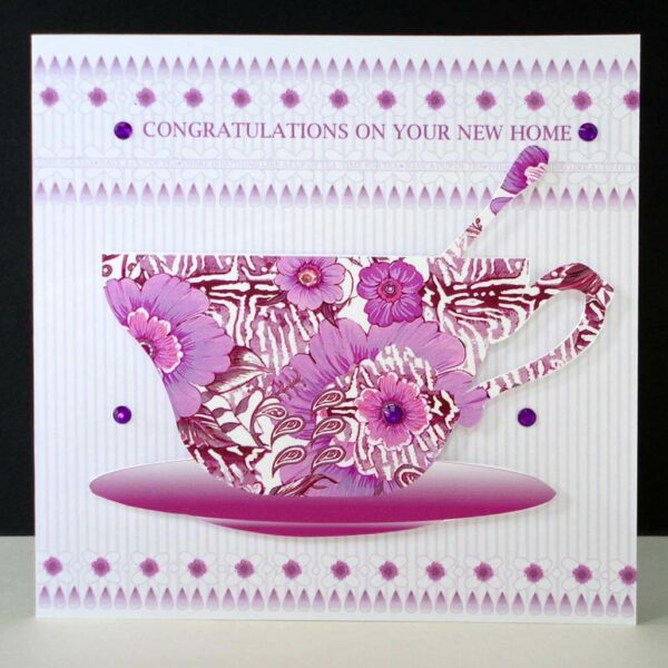 New Home Violet Teacup Handmade Card.