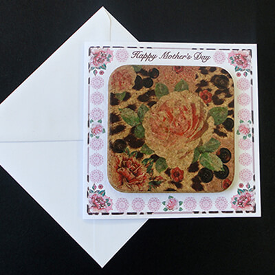 Pink Rose & Skin Print Cork Coaster Mother's Day Card.