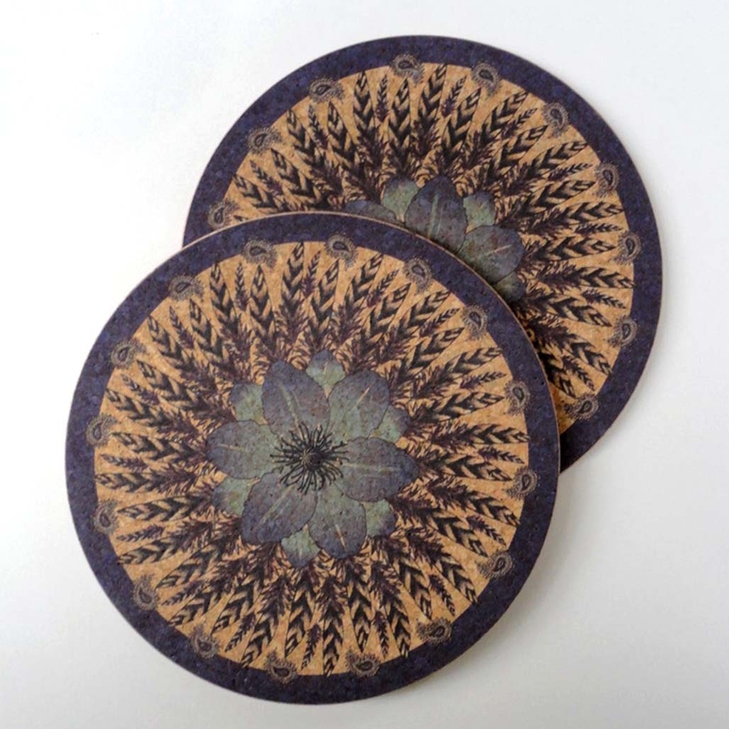 Two Blue Flower & Feather Round Cork Placemats Decorque Cards