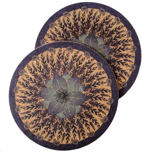 Two Blue Flower & Feather Round Cork Placemats