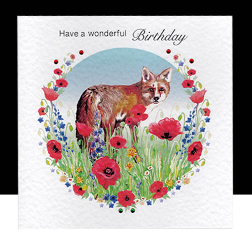 Fox and Poppies A Happy Birthday - Fox with Summer Poppies Handmade Card - Image 1